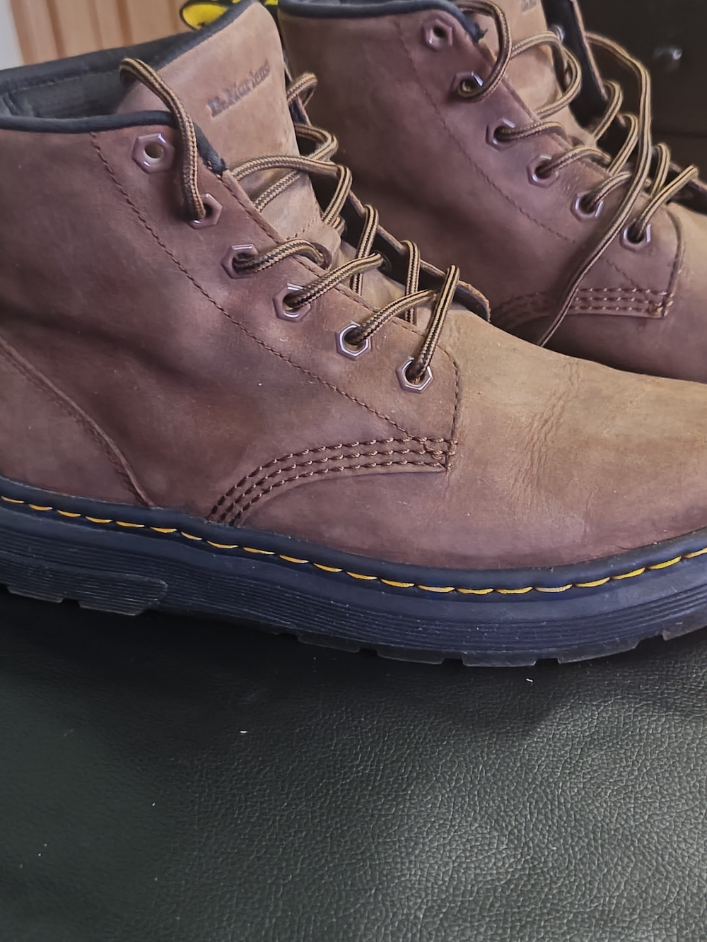Dr. Martens Brown Nubuck Lace-Up Work Boots with Yellow Stitching
